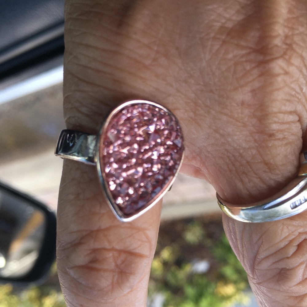 Tahari Rose Gold Pave Pink Crystal Pear Ring sz 8